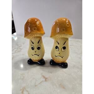 Vintage Ceramic Mushroom Salt Pepper Shakers  1950s 60s Japan MCM Angry Faces